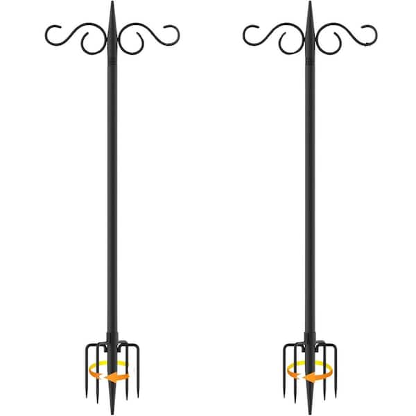 2 in. Black Metal Double Shepherds Hook with 2 Hooks, 5 Prongs Base for Garden Flower Basket, Bird Nests (2-Pack)