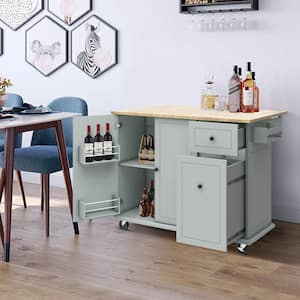 Gray Blue Wood 53.9 in. Rolling Kitchen Island with Drop Leaf, Spice Rack, Towel Rack, Wheels and Drawer