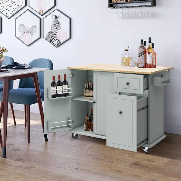 Nestfair Gray Blue Wood 53.9 in. Rolling Kitchen Island with Drop Leaf, Spice Rack, Towel Rack, Wheels and Drawer