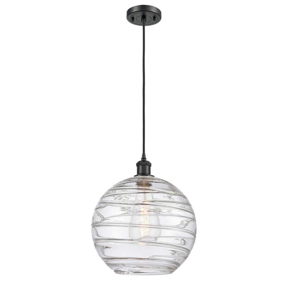 Athens Deco Swirl Globe Pendant - Matte Black with Clear Swirl Shade