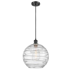 Athens Deco Swirl 1-Light Matte Black Globe Pendant Light with Clear Deco Swirl Glass Shade