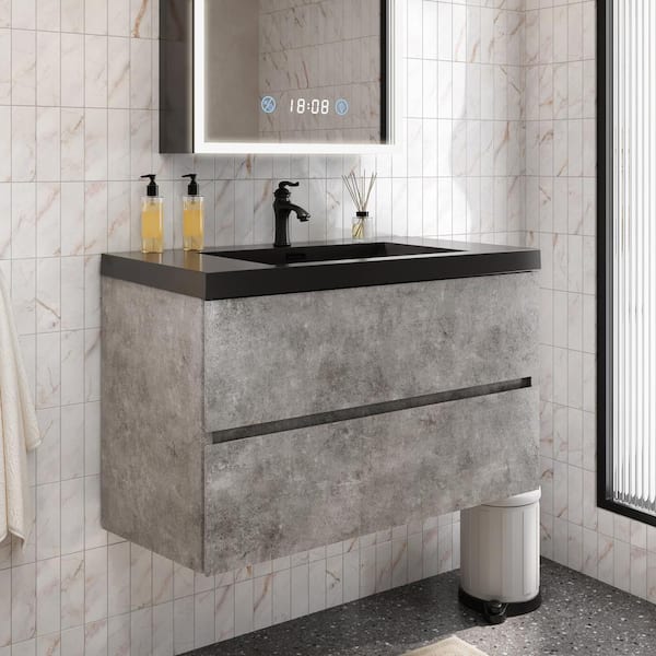 36 in. W x 20 in. D x 21 in. H Single Sink Floating Bath Vanity in Ash Gray with Matte Black Quartz Sand Top