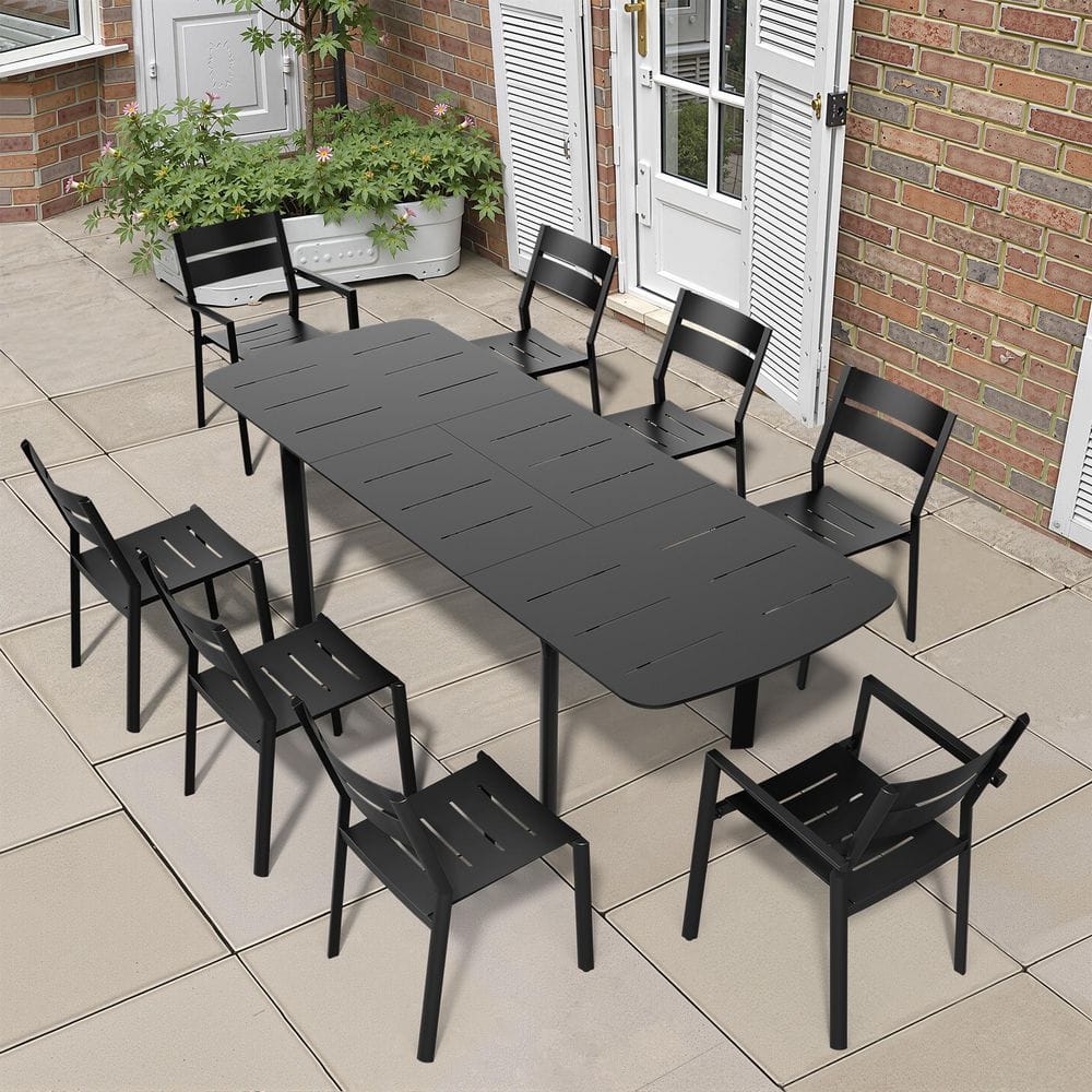 9 Pieces All-Aluminium Outdoor Dining Set with Rectangle Expandable Table and Stackable Chairs for 6-8-Person in Black price history on PriceWatchPro