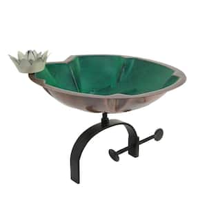 14 in. W Antique Copper Plated and Colored Patina Lilypad Birdbath with White Flower and Over Rail Bracket