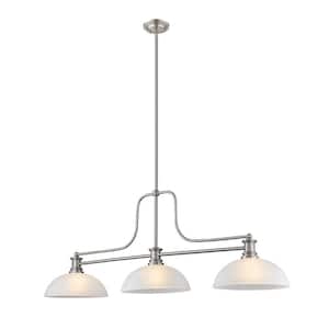 Melange 3-Light Brushed Nickel Billiard Light with White Linen Glass Shade Island or with No Bulbs Included