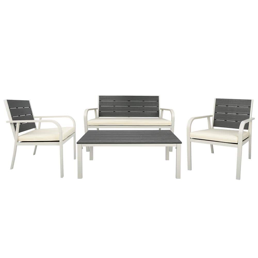 TIRAMISUBEST 4-Piece White Frame Set Metal Garden Sofa Built Log Texture  Outdoor Sectional Set with White Cushion Coffee Table ZBWW69168760 - The  Home Depot