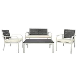 4-Piece White Frame Set Metal Garden Sofa Built Log Texture Outdoor Sectional Set with White Cushion Coffee Table