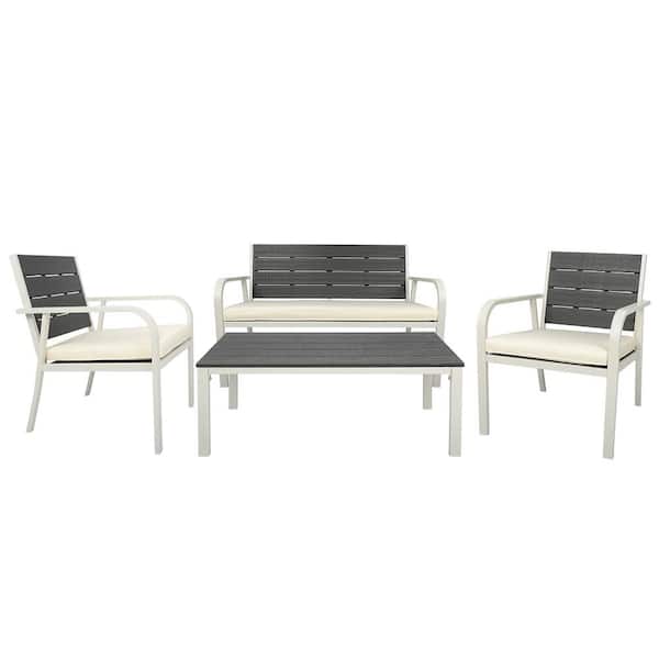 TIRAMISUBEST 4-Piece White Frame Set Metal Garden Sofa Built Log Texture Outdoor Sectional Set with White Cushion Coffee Table