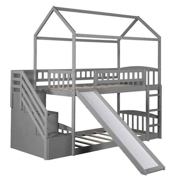 GOJANE Gray Over Twin Bunk Bed with 2-Drawers and Slide, House Bed with Slide