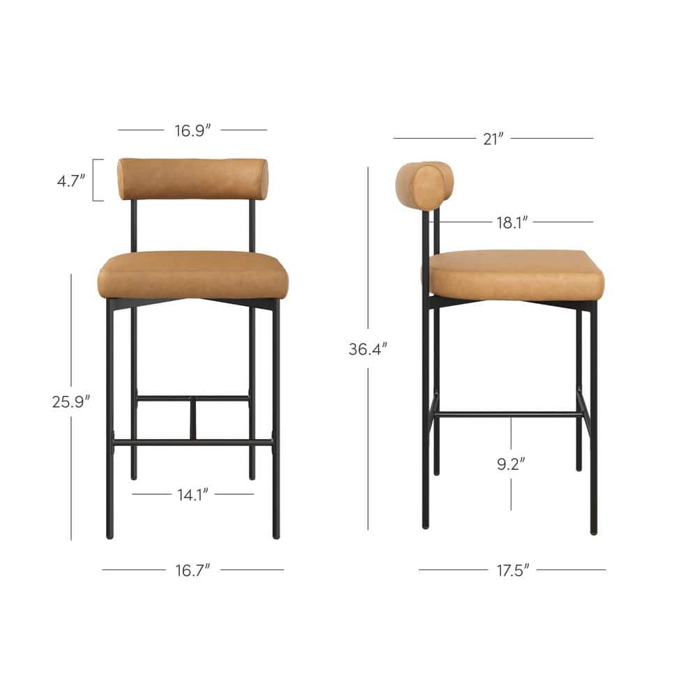 Dahlia Light Brown Leather Counter Height Barstool with Matte Black Metal Legs
