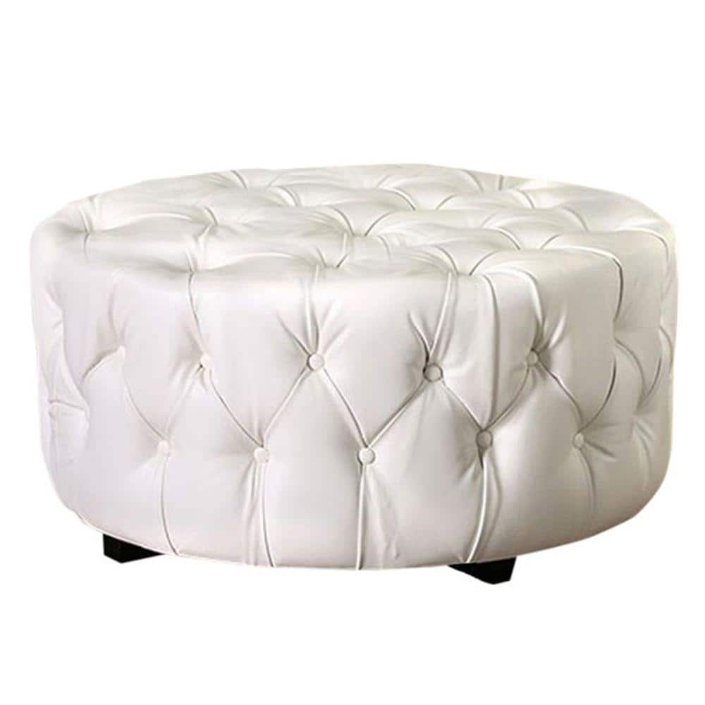 Benjara White Round Shape Bonded Leather Ottoman with Button Tufting 34 ...