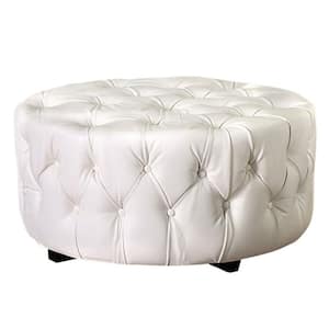 White Round Shape Bonded Leather Ottoman with Button Tufting 34.5 in. L x 14.5 in. W x 19 in. H