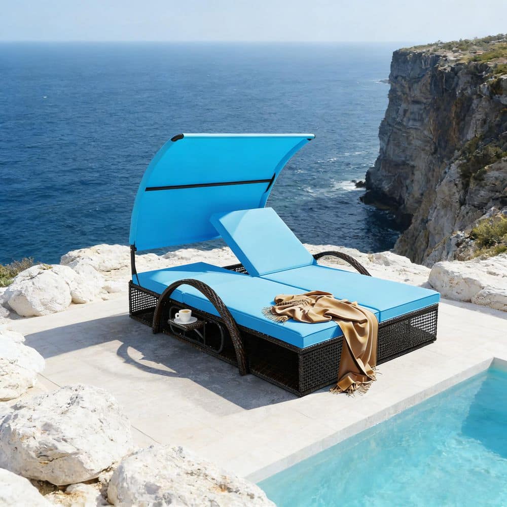 Brown Wicker Outdoor Day Bed with Blue Cushions, Adjustable Backrest Hidden Side Table and Arched Armrests for Patio price history on PriceWatchPro