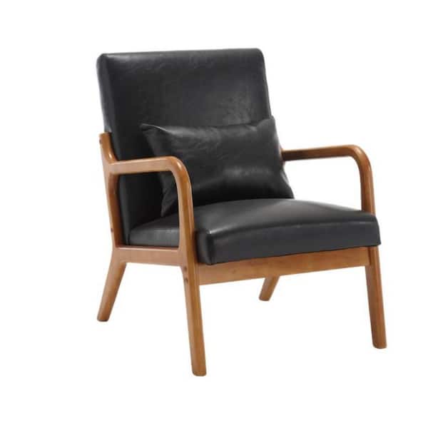 Mid Century Modern Black PU Upholstered Wooden Frame Accent Armchair with Pillow and Cushion
