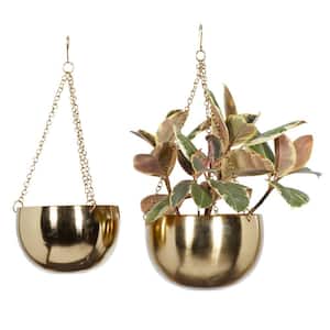 6in. Small Gold Metal Indoor Outdoor Hanging Dome Wall Planter with Chain (2- Pack)