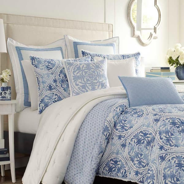 Laura Ashley Mila Blue 1-Piece 16 in. x 20 in. Cotton Throw Pillow