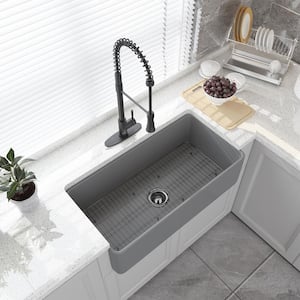 Matte Gray Fireclay 36 in. Single Bowl Farmhouse Apron Kitchen Sink with Matte Black Spring Pull Down Faucet Kit