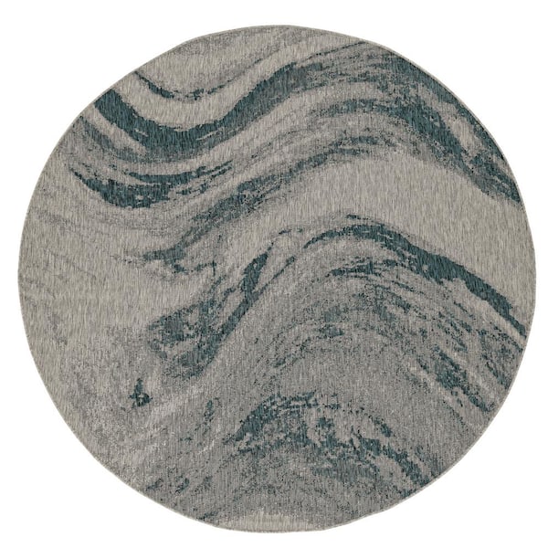 MILLERTON HOME Isla Gray/Teal 8 ft. Round Transitional Watercolor Indoor/Outdoor Area Rug