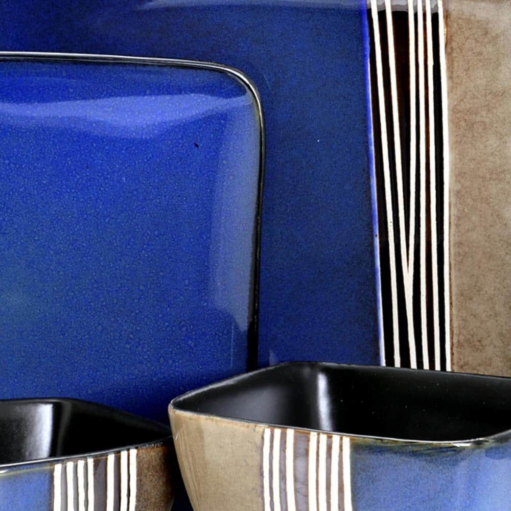 Blue and Tan Ceramic 16-Piece Dinnerware Set for 4