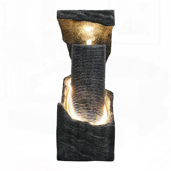 33. 4in. H Concrete Indoor/Outdoor Waterfall Tiered Fountain with with Budding Lotus Top for Garden and Patio