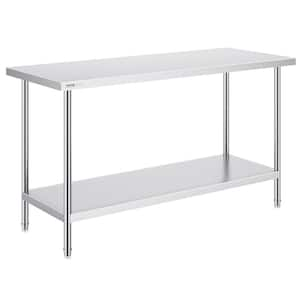 Stainless Steel Prep Table, 24 x 60 x 34 In. 840 lbs. Load Capacity, Silver Kitchen Prep Table with 3 Adjustable Height