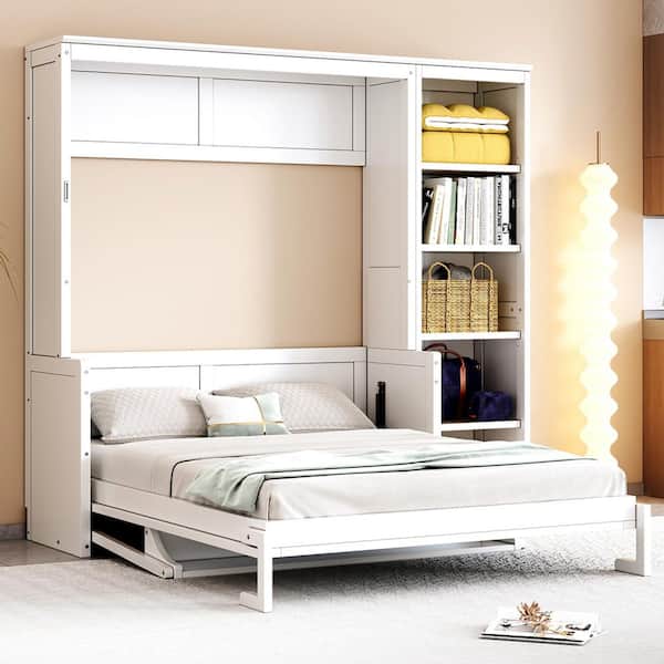 White Wood Frame Full Size Murphy Bed with Desk and Bookshelf