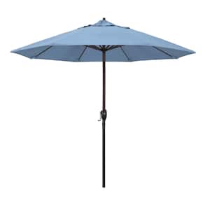 9 ft. Bronze Aluminum Pole Market Aluminum Ribs Auto Tilt Crank Lift Patio Umbrella in Air Blue Sunbrella