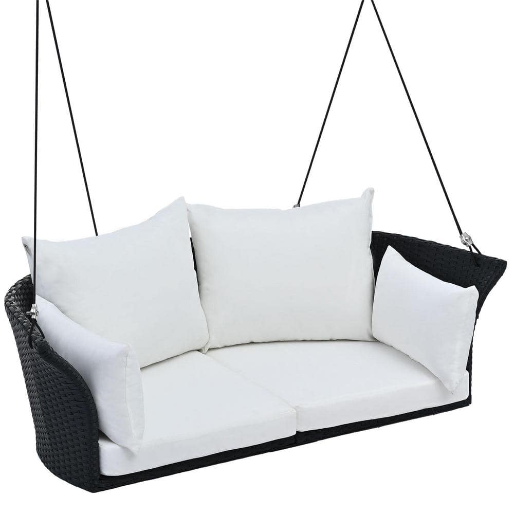 51.9 in. Black Frame 2-Person Wicker Porch Swing with Ropes, Wicker and White Cushion -  Polibi, RS-WBF2PS-WPJ