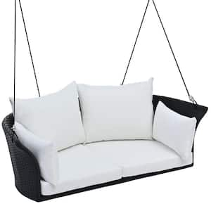 51.9 in. Black Frame 2-Person Wicker Porch Swing with Ropes, Wicker and White Cushion