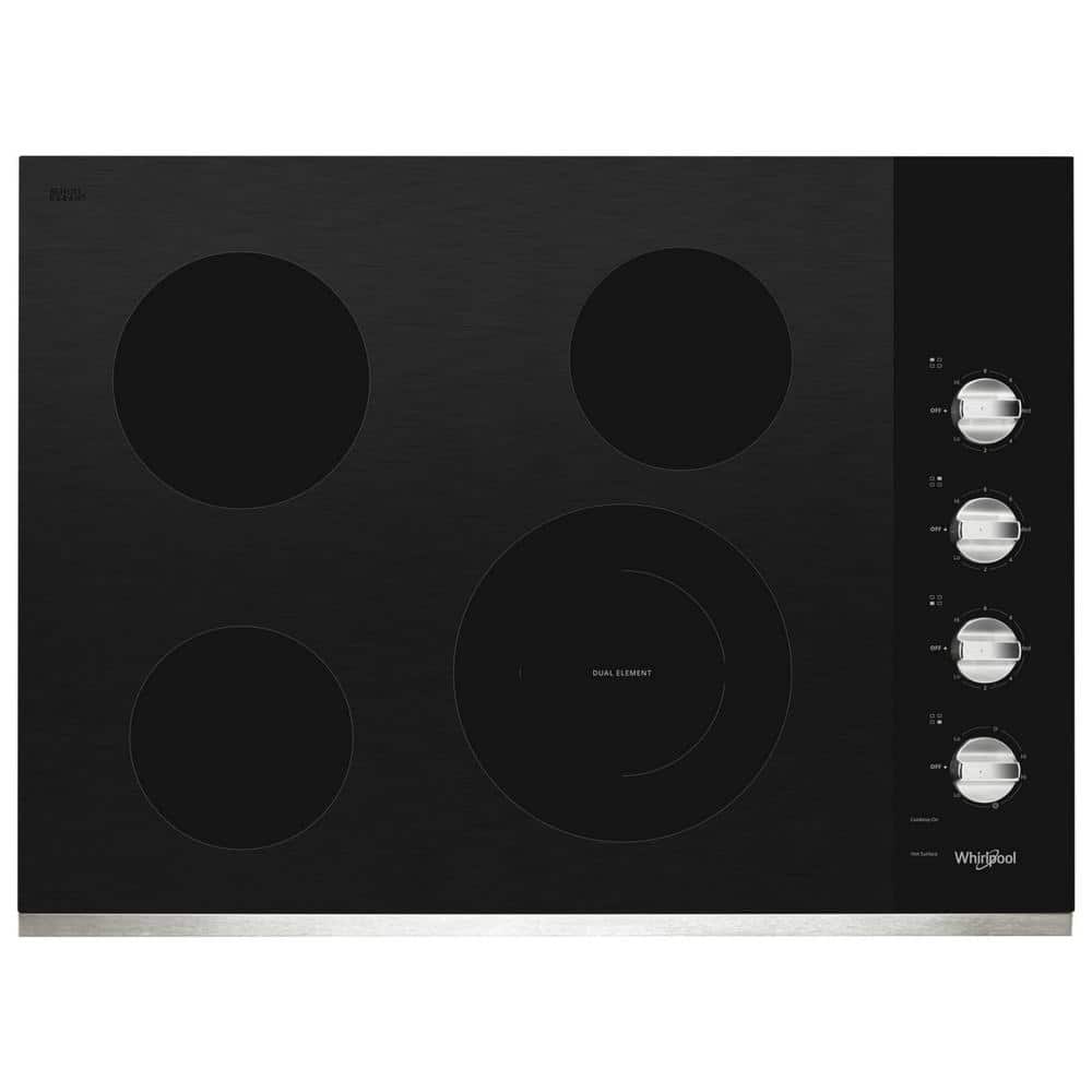Whirlpool 30 in. Radiant Electric Ceramic Glass Cooktop in Stainless Steel with 4 Burners and a Dual Radiant Element, Silver