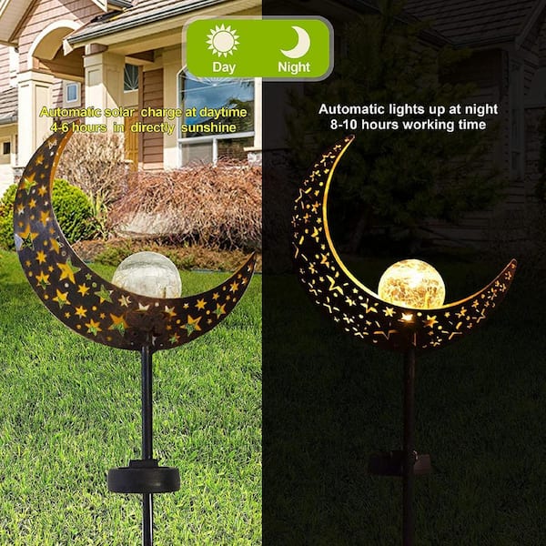 Joiedomi 34.4 in. H Bronze Metal Solar Powered Garden Outdoor Crackle  GlassGlobe Moon Stakes w/Warm White Decorative Lt. (Setof2) 30380 The  Home Depot