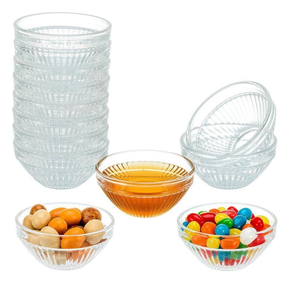 10-Piece Ribbed Round Glass Mini Bowls Set Stackable Clear Small Dishes for Spices Dips Sauces and Desserts