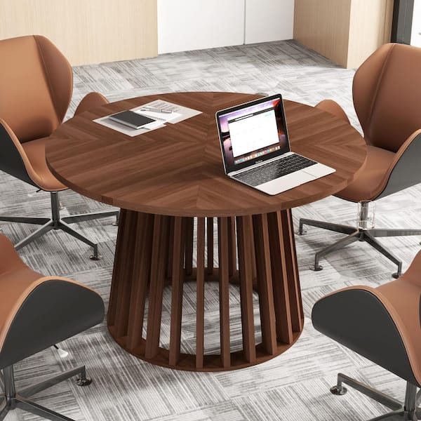 ATHMILE Round Walnut Wood 47.2 in. Pedestal Dining Table Seats 4-6