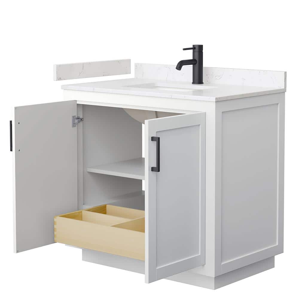 Miranda 36" White Marble and Wood Bathroom Vanity with Matte Black Trim