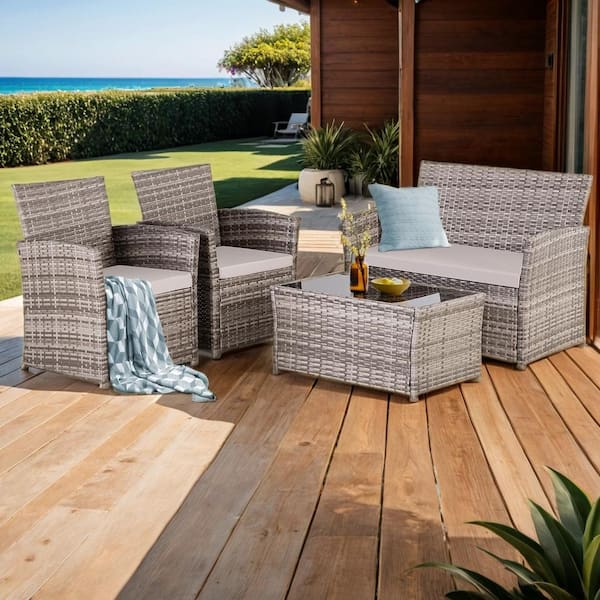 JUSKYS Gray 4-Piece Outdoor Patio Rattan Polyethylene Resin Wicker Conversation Set with Gray Cushions