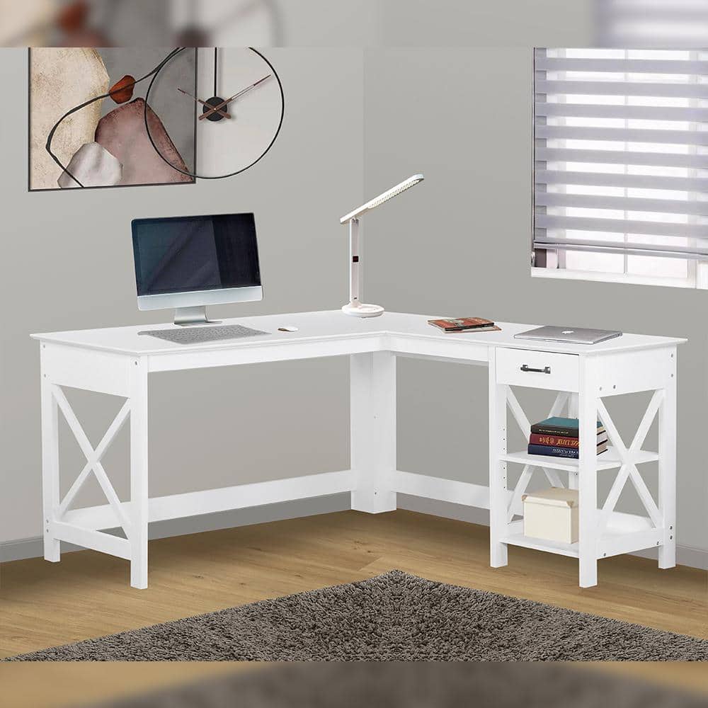 White Wood Corner Writing Desk with Drawer and Filing Cabinet