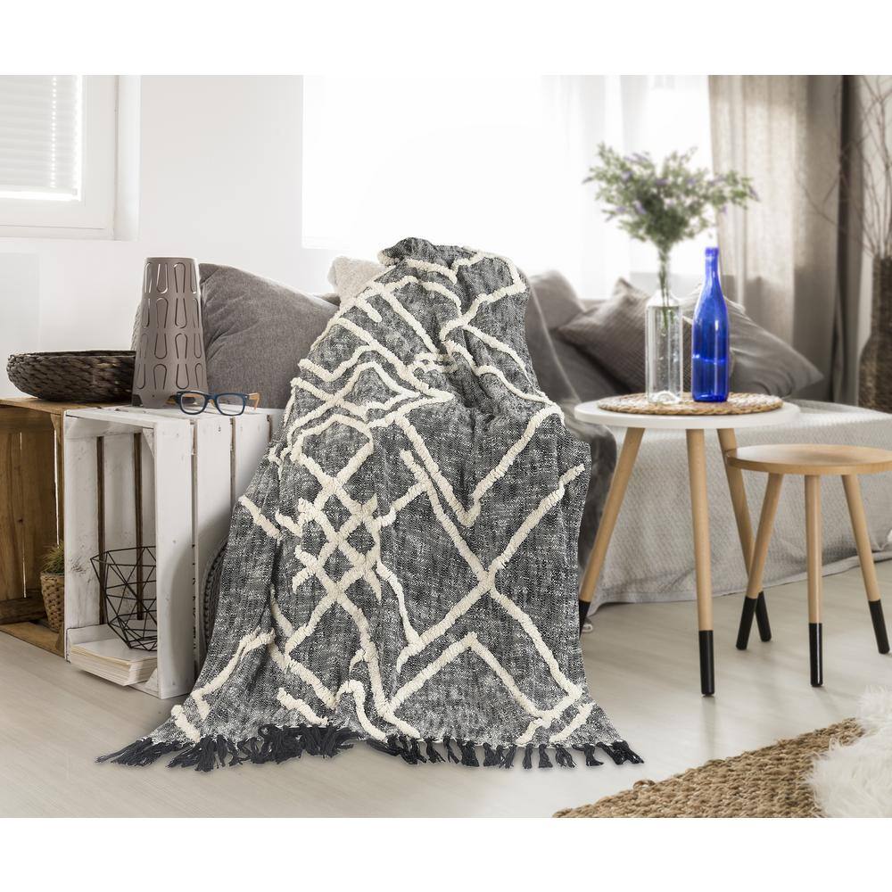 Handwoven Black and White Cotton Diamond Pattern Throw Blanket
