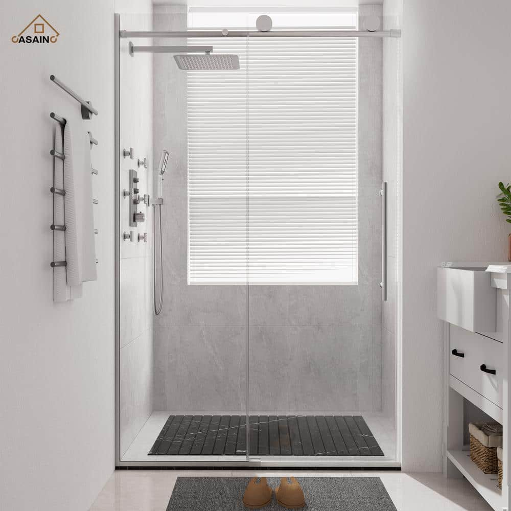 CASAINC 48 in. W x 76 in. H Sliding Frameless Shower Door in Brushed Nickel Finish with Soft-closing and Tempered Clear Glass