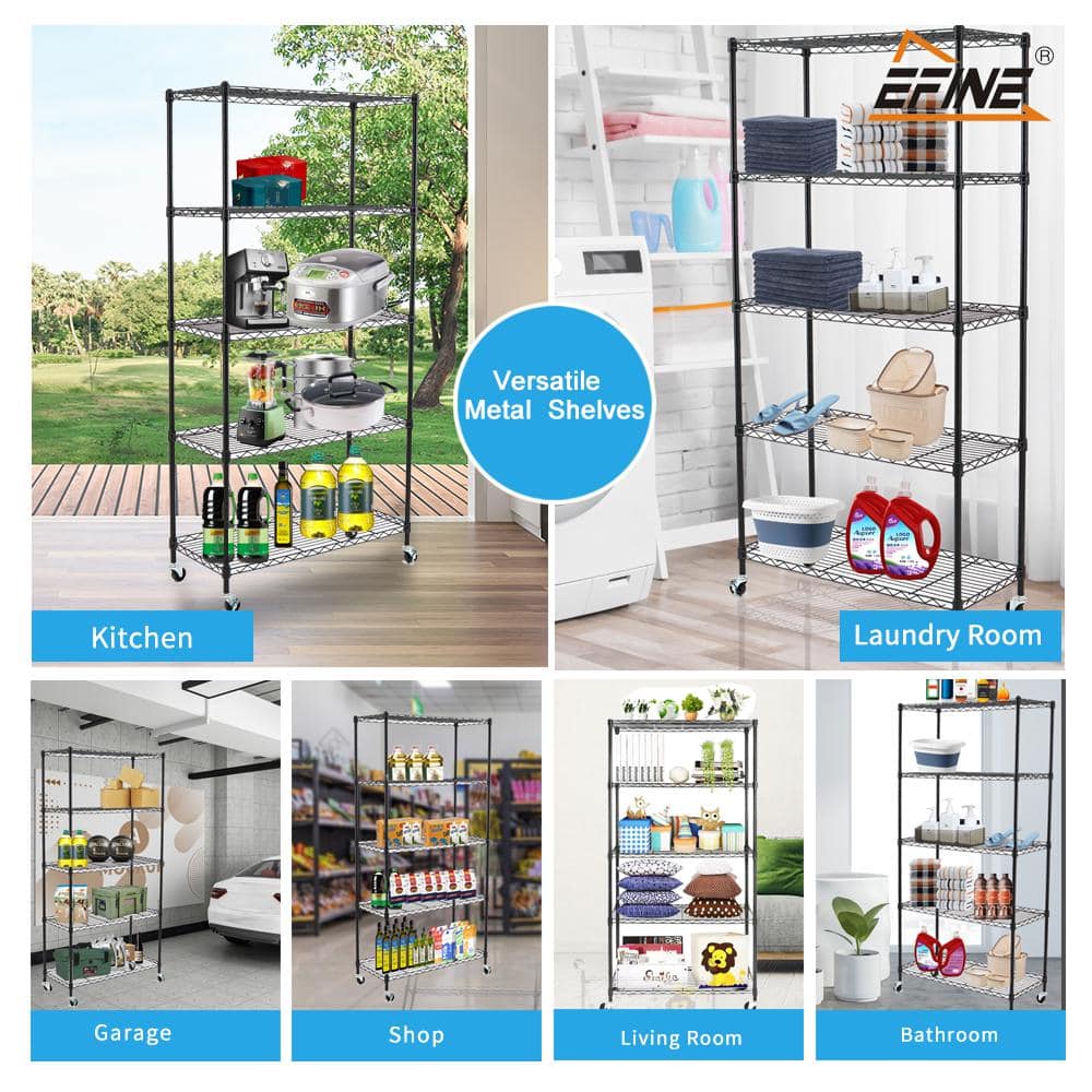 Black 5-Tier Adjustable Wire Shelving Unit with Wheels