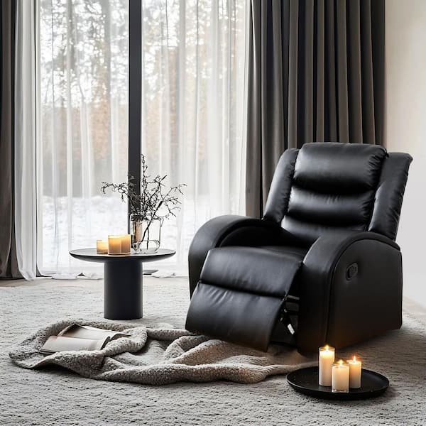 33 in. Black Faux Leather Standard (No Motion) Recliner Sofa Mid Century Modern Design Couch Living Room Reclining Sofa