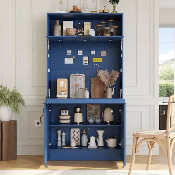 Ryclen 69. in H Blue Wood Pantry Organizer with Hutch and Foldable Workstation