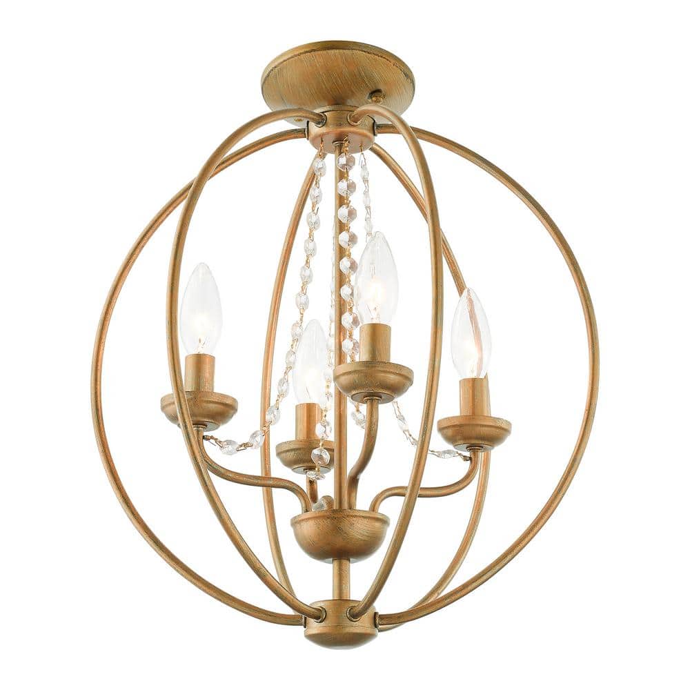 Antique Gold Leaf 4-Light Mini Chandelier with Draping Crystals