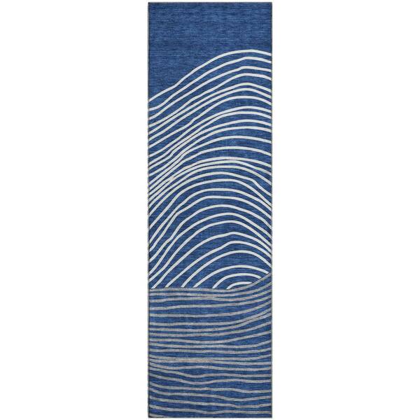 Mayfield Premium Machine Washable Abstract AMF2350 Navy 2 ft. x 7 ft. Runner Rug