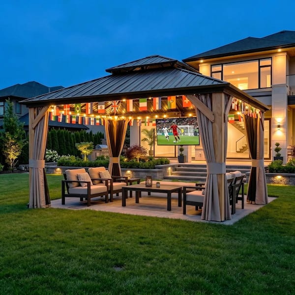 Cedarshield 12 ft. x 12 ft. Brown Wood Frame Hardtop Gazebo with Galvanized Steel Double Roof, Curtains and Netting