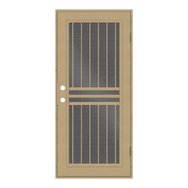 Unique Home Designs 30 in. x 80 in. Plain Bar Desert Sand Left-Hand Surface Mount Aluminum Security Door with Black Perforated Metal Screen