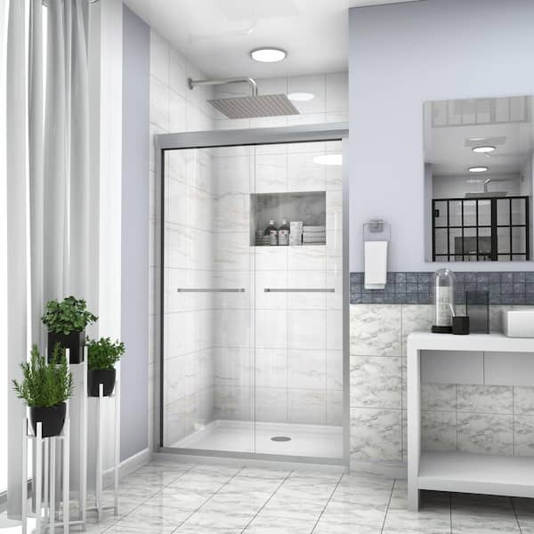 48 in. W x 76 in. H Sliding Semi Frameless Shower Door/Enclosure in Nickel Finish