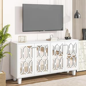 White MDF 63 in. 4-Door Mirrored Buffet Sideboard with Adjustable Shelves, Mirrored Hollow-Carved Pattern