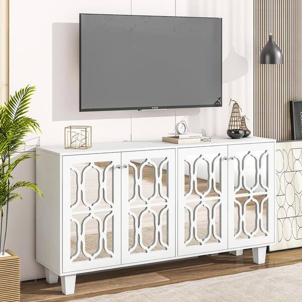 Harper & Bright Designs White MDF 63 in. 4-Door Mirrored Buffet Sideboard with Adjustable Shelves, Mirrored Hollow-Carved Pattern