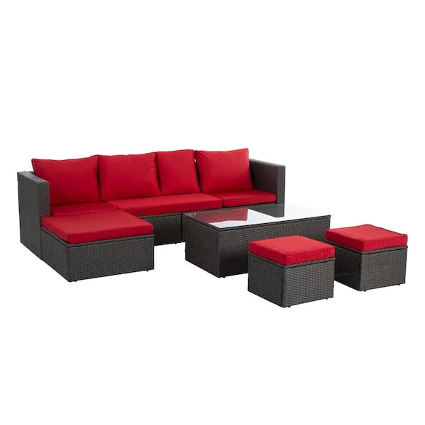 Zeus & Ruta 7-Piece Brown Wicker Outdoor Patio Conversation Sectional with Red Cushions, Coffee Table and Ottoman