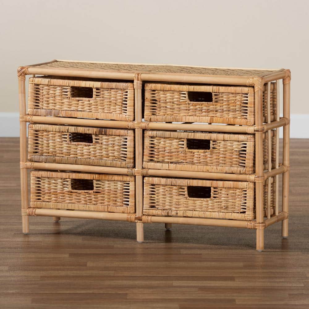 Natural Brown Rattan 6-Drawer Bohemian Storage Cabinet